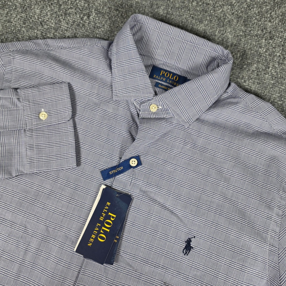 Polo Ralph Lauren Shirt Men L Blue Micro Check Stretch Classic Fit NWT